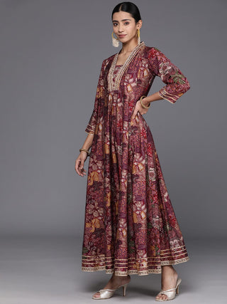 Mauve Silk Floral Print & Gota Patti Detailing Anarkali Kurta with Dupatta