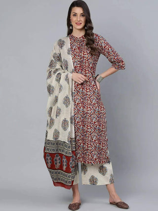 Cotton Maroon Cream Flower Print Kurta Suit Set with Dupatta