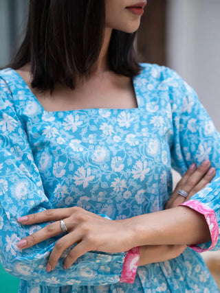 Blue Cotton Floral Print A Line Color Blocking Tiered Dress