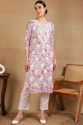 Multi Color Cotton Floral Print Straight Shape Kurta