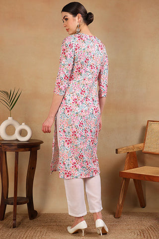 Multi Color Cotton Floral Print Straight Shape Kurta