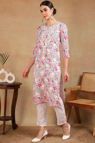 Multi Color Cotton Floral Print Straight Shape Kurta