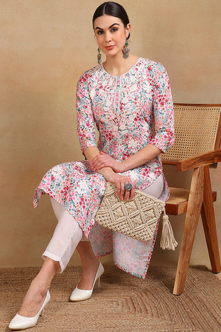 Multi Color Cotton Floral Print Straight Shape Kurta