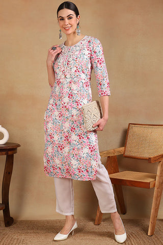 Multi Color Cotton Floral Print Straight Shape Kurta