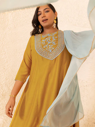 Mustard & Grey Chinnon Yoke Embroidered Suit Set with Chiffon Dupatta