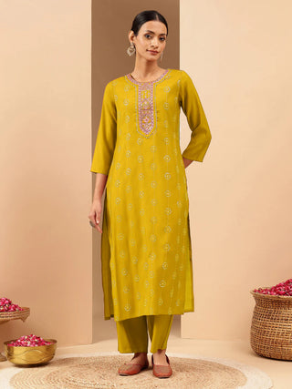 Mustard Chanderi Embellished Kurta Bottom Set