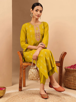 Mustard Chanderi Embellished Kurta Bottom Set