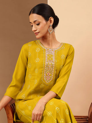 Mustard Chanderi Embellished Kurta Bottom Set