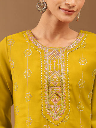 Mustard Chanderi Embellished Kurta Bottom Set