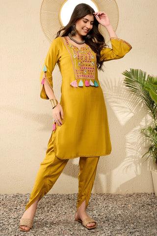 Mustard Viscose Rayon Thread Work Embroidered Straight Shape Kurta Trouser CO-Ord Set