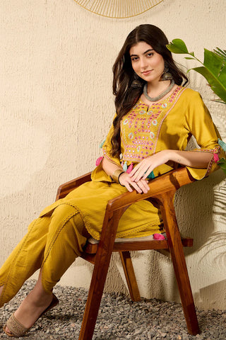 Mustard Viscose Rayon Thread Work Embroidered Straight Shape Kurta Trouser CO-Ord Set