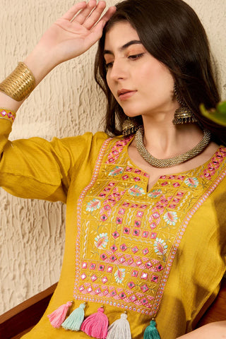 Mustard Viscose Rayon Thread Work Embroidered Straight Shape Kurta Trouser CO-Ord Set