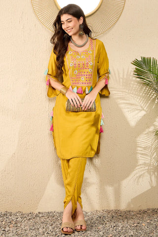 Mustard Viscose Rayon Thread Work Embroidered Straight Shape Kurta Trouser CO-Ord Set