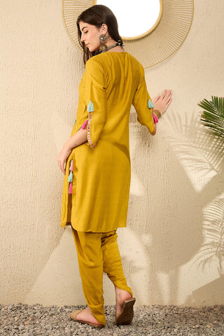 Mustard Viscose Rayon Thread Work Embroidered Straight Shape Kurta Trouser CO-Ord Set