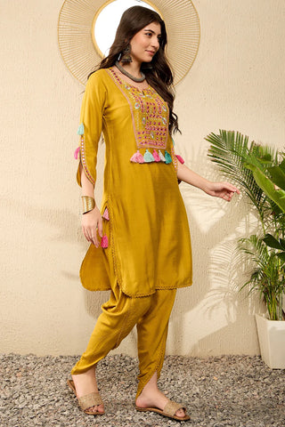 Mustard Viscose Rayon Thread Work Embroidered Straight Shape Kurta Trouser CO-Ord Set