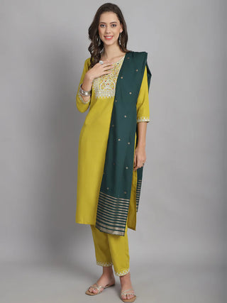 Mustard Cotton Blend Embroidered Straight Shape Suit Set with Dark Green Dupatta