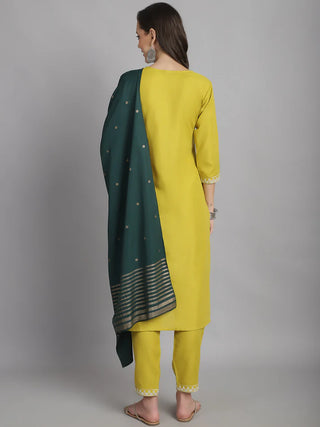 Mustard Cotton Blend Embroidered Straight Shape Suit Set with Dark Green Dupatta