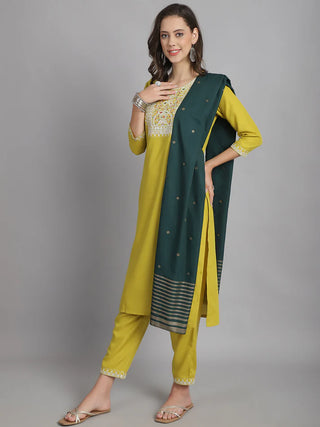 Mustard Cotton Blend Embroidered Straight Shape Suit Set with Dark Green Dupatta