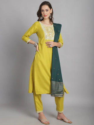 Mustard Cotton Blend Embroidered Straight Shape Suit Set with Dark Green Dupatta