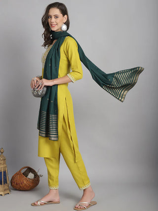 Mustard Cotton Blend Embroidered Straight Shape Suit Set with Dark Green Dupatta