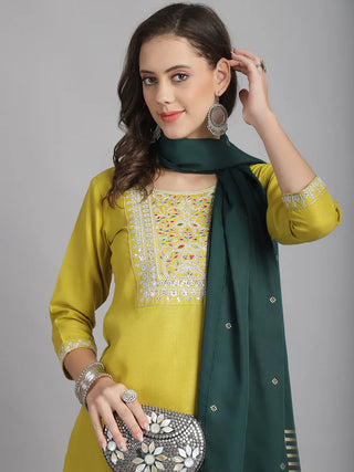 Mustard Cotton Blend Embroidered Straight Shape Suit Set with Dark Green Dupatta