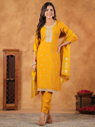 Yellow Chanderi Embroidered Suit Set with Dupatta