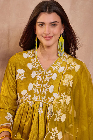 Mustard Silk Blend A Line Floral Embroidered Suit Set with Dupatta