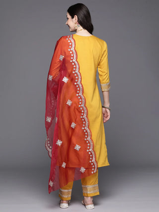 Mustard Poly Silk Embroidered Straight Shape Suit Set with Dupatta