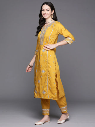 Mustard Poly Silk Embroidered Straight Shape Suit Set with Dupatta