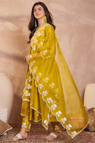 Mustard Silk Blend A Line Floral Embroidered Suit Set with Dupatta