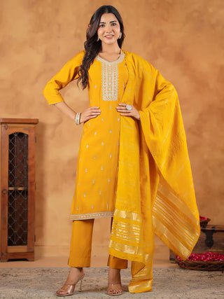 Yellow Chanderi Embroidered Suit Set with Dupatta