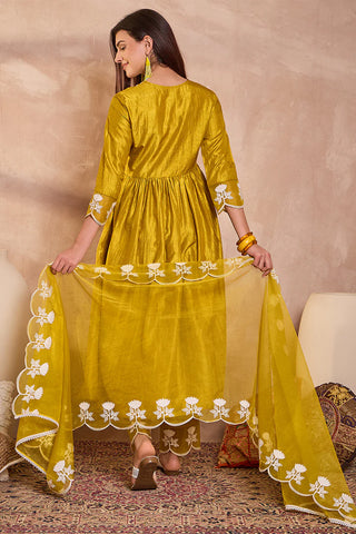 Mustard Silk Blend A Line Floral Embroidered Suit Set with Dupatta