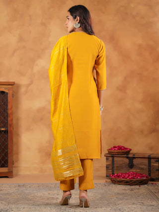 Yellow Chanderi Embroidered Suit Set with Dupatta