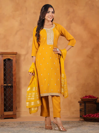 Yellow Chanderi Embroidered Suit Set with Dupatta