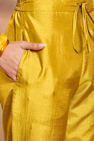 Mustard Silk Blend A Line Floral Embroidered Suit Set with Dupatta