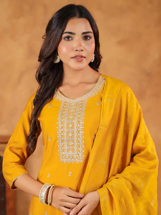 Yellow Chanderi Embroidered Suit Set with Dupatta