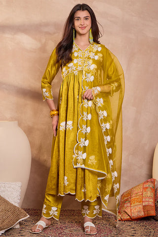 Mustard Silk Blend A Line Floral Embroidered Suit Set with Dupatta