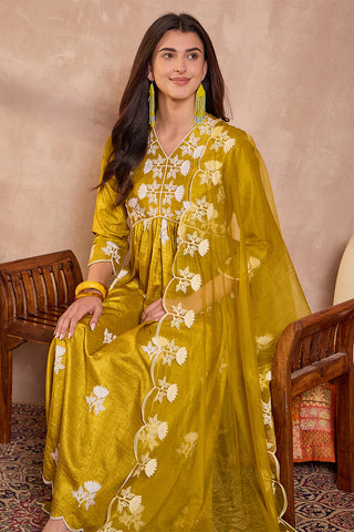 Mustard Silk Blend A Line Floral Embroidered Suit Set with Dupatta