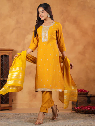 Yellow Chanderi Embroidered Suit Set with Dupatta