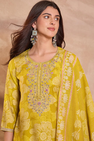 Mustard Poly Silk Floral Print Suit Set with Dupatta