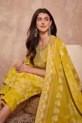 Mustard Poly Silk Floral Print Suit Set with Dupatta