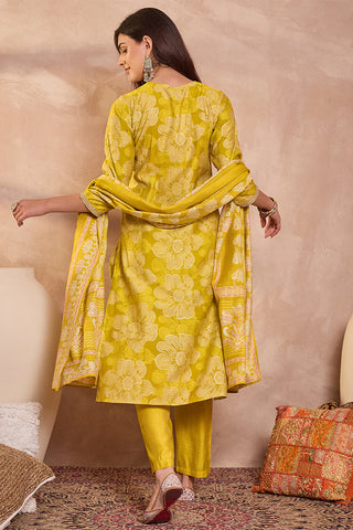 Mustard Poly Silk Floral Print Suit Set with Dupatta