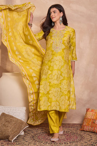 Mustard Poly Silk Floral Print Suit Set with Dupatta