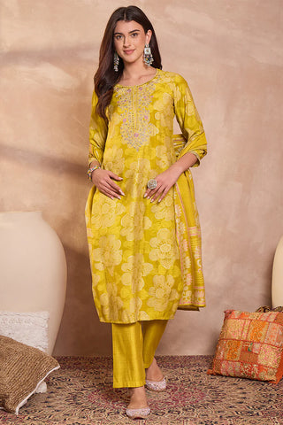 Mustard Poly Silk Floral Print Suit Set with Dupatta