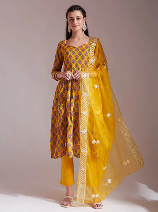 Mustard Cotton Gota Work Suit Set with Organza Dupatta