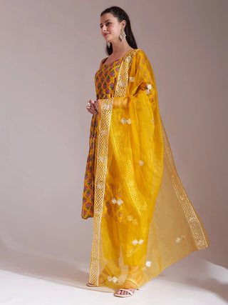 Mustard Cotton Gota Work Suit Set with Organza Dupatta