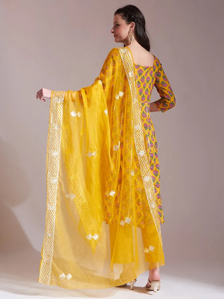 Mustard Cotton Gota Work Suit Set with Organza Dupatta