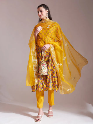 Mustard Cotton Gota Work Suit Set with Organza Dupatta