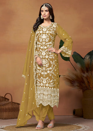 Mustard Organza Floral Embroidered, Thread & Sequins Detailing Suit Set with Dupatta