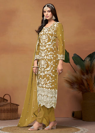 Mustard Organza Floral Embroidered, Thread & Sequins Detailing Suit Set with Dupatta